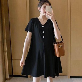Women's Cute Relaxed Fit V-Neck Short Sleeve Everyday Maternity Dress Summer Black/2XL