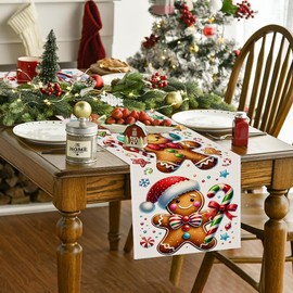 Gingerbread Man Merry Christmas Table Runner, Winter Xmas Holiday Kitchen Dining Table Decoration for Home Party Decor 13x72 Inch