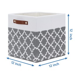 Temary 12x12x12 Fabric Storage Bins 4 Pack with Leather Handle, Foldable Cubes Storage Box Baskets for Closet, Shelf (White&Lattice)