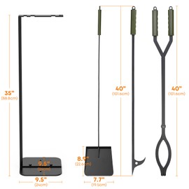 Stanbroil 3Pcs Fire Pit Tools Set, 40" Fire Poker and Fire Log Tongs Shovel, Wrought Iron Large Fireplace Tools Set with Metal Base and Rubber Handle for Campfire Bonfire
