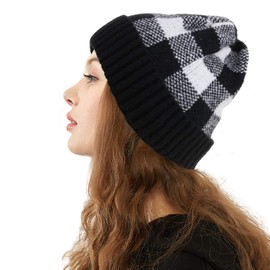 CRUOXIBB Winter Soft Stretch Buffalo Plaid Cuff Beanie Hat Thick Chunky Warm Knit Skull Ski Cap Black/White