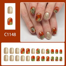 Fall Press on Nails Short Square Fake Nails Gold Glitter Acrylic Nails Press ons Autumn Leaves Design Full Cover Orange Fall False Nail Reusable Thanksgiving Stick on Nail for Women Manicure 24 Pcs