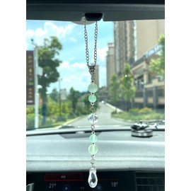 Crystal Clear Car Pendant Hanging Ornament, Positive Energy Sun Catcher Rearview Mirror Charm, Green Stone Bead Healing Cute Car Accessory Decoration for Women & Men