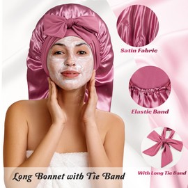 Long Bonnet with Tie Band, Satin Hair Silk Bonnet for Sleeping Women, Sleep Bonnets for Women, Double Layer Silky Sleep Cap for Curly Hair Braids