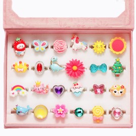 PinkSheep Little Girl Jewel Rings in Box, Adjustable, No Duplication, Girl Pretend Play and Dress Up Rings (24 Lovely Ring)
