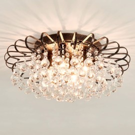 CVKASH 4-Light Crystal Floral Chandelier Modern Bronze Flush Mount Raindrop Crystal Ceiling Lighting Fixture Farmhouse Chandelier for Bathroom Living Room Bedroom Dining Room Entryway