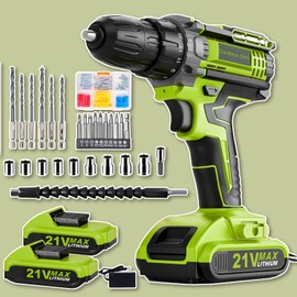 Cordless Drill, 21V Power Drill with Dual 2.0Ah Power Pack and Charger, Power Electric Battery Drills Set, 3/8" Chuck, 25+1 Torque, Compact Drills with 90 Accessories Tool for DIY, Home Repair & Gift