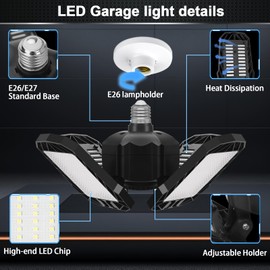 2 Pack LED Garage Light, 150W 15000LM 6500K LED Shop Lights, Garage Lights Ceiling Led with 4 Deformable Panels, Screw in E26/E27 Bulb Socket for Warehouse, Basement, Attic, Barn, High Bay Lighting