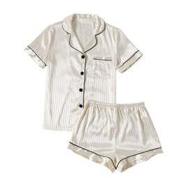 LYANER Women's Striped Silky Satin Pajamas Short Sleeve Top with Shorts Sleepwear PJ Set Champagne#2 Small