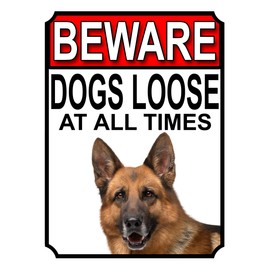 Shawprint BEWARE DOGS LOOSE AT ALL TIMES METAL SIGN GERMAN SHEPHERD (10" x 8")