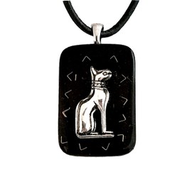 Orgone energy pendant necklace with silver Bastet Egyptian Cat Goddess, Black Tourmaline and Shungite. Made in USA