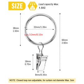 Caianwin Pack of 25 Curtain Rings Metal Curtain Rings with Clips 32 mm Inner Diameter Curtain Rings for Rod Window Door Shower Curtain Washing Line (Silver)