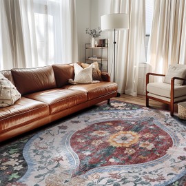 Washable Entryway Rug 3x5 Low Pile Vintage Area Rug for Bedroom Dining Room Under Table Soft Stain Resistant Rug, Indoor Home Office Print Foldable Carpet(Red/Orange,3x5ft)