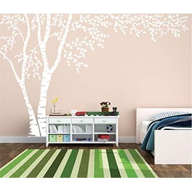 Birch Tree Forest Canopy Blowing Leaves Vinyl Wall Decal #1376 (White, 84" Tall x 130" Wide Left to Right)