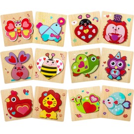 Capoda 12 Pack Valentines Animal Wooden Puzzles Wood Animal Jigsaw for Toddlers Montessori Preschool Learning Games Educational Toys for Boys Girls Classroom Exchange Gifts Party Favors