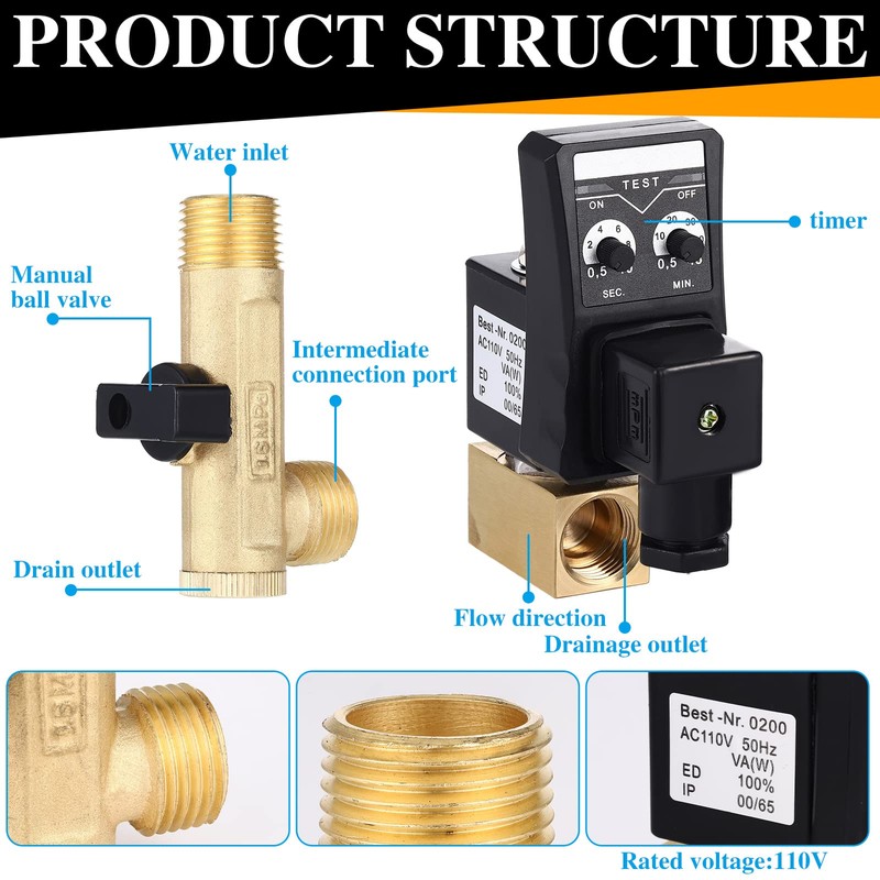 Bonuci Electronic Drain Valve for Air Compressor Ac 110v 1/2"