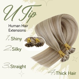 RUNATURE U Tip Hair Extensions Human Hair 18Inch Brown Highlight Blonde Keratin U Tip Human Hair Extensions Hot Fusion U Tipped Hair Extensions Natural 50g 50 Strands
