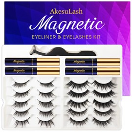 3D Magnetic Eyelashes With Eyeliner Kit - Magnetic Lashes Natural Looking with Applicator - 10 Pairs Reusable Magnetic Eyelash Kit - Dramatic Looking False Eyelashes - Easy to Apply (5 Accents + 5 Full, Black Lashes)