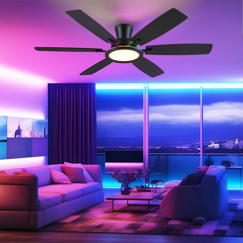 BYKISTOK 55in Black Flush Mount Ceiling Fan - RGB Low