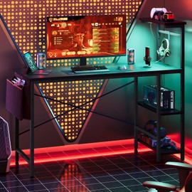Bestier Gaming Desk with LED Lights, 51.3 Inch Computer Desk with 4 Tiers Reversible Shelves, Home Office Writing Desk with Side Storage Bag, Hooks and Height Adjustable Shelf (Black Grained)