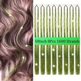 Hair Tinsel Green 50Inch 8Packs 1600 Strands Glitter Tinsel Hair Extensions Sparkling Shiny Hair Tinsel Strands Kit Heat Resistant for Women Girls(50 Inch, Fruit Green)