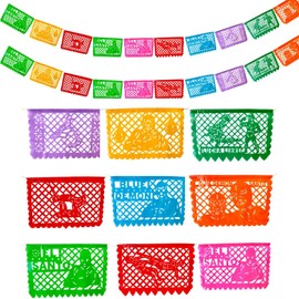 30 FT Papel Picado Mexican Banner Set, Lucha Libre Plastic Party Banner, Mexican Banner Decorations, Mexican Luchador Party Supplies, 20 Flags of Papel Picado Plastic Nacho Libre Party Decorations