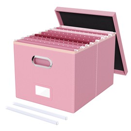 Oterri File Organizer Box,Filing Box with Lid,File Box for Letter/Legal File Folder Storage, Portable Hanging File Box for Office/Decor/Home,1 Pack, Pink(Leather),Box only