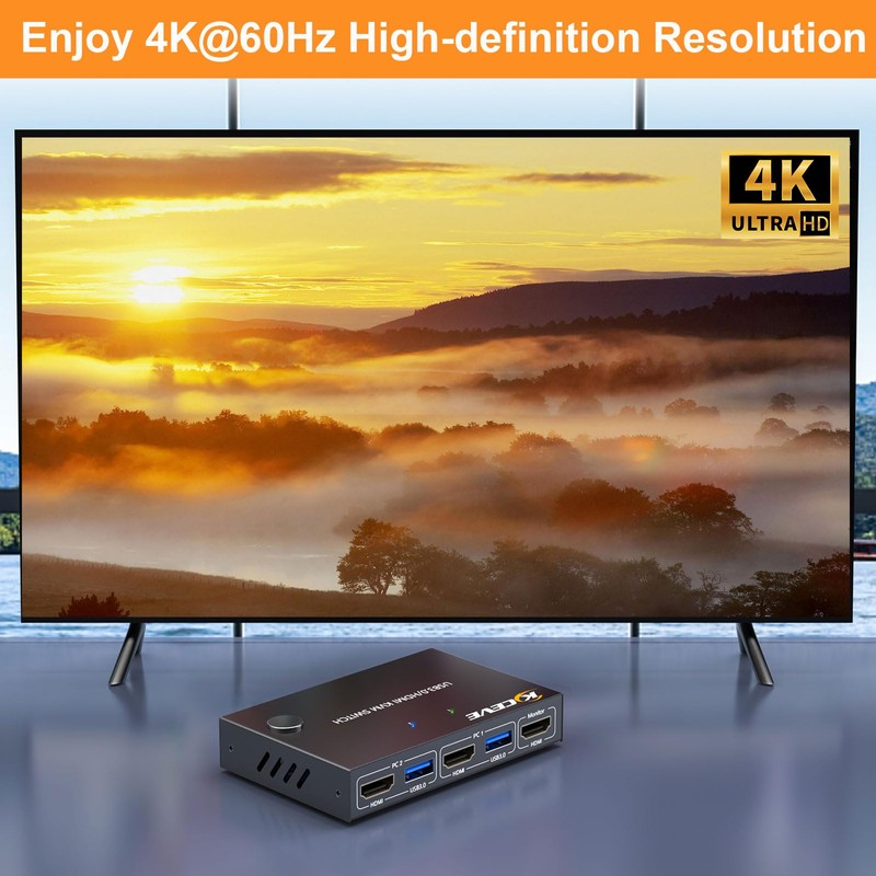 KCEVE KVM Switch 1 Monitor 2 Computers 4K@60Hz, HDMI KVM
