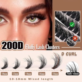 Cluster Lashes Kit - Fluffy Cluster Lashes 10-18mm, 200D Lash Extension Kit with Lash Bond, Remover & Applicator, DIY Eyelashes for Beginners