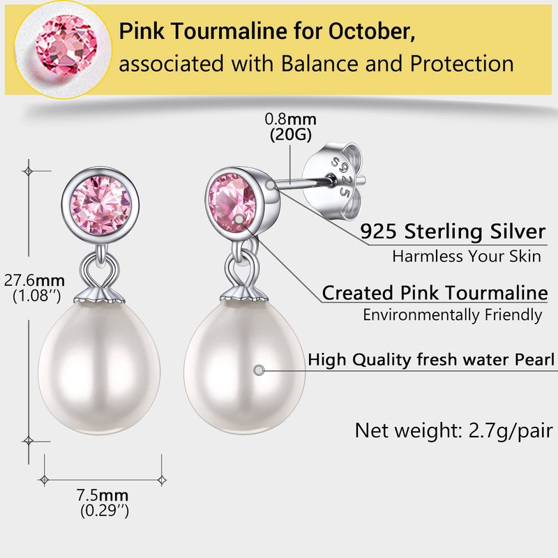 Prosilver Womens Earrings October Tourmaline Birthstone Stud Sterling Silver Pearl