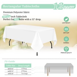 12 Pack White Tablecloths for 8 Foot Rectangle Tables 60 x126 inch,Polyester White Table Clothes in Bulk for Wedding,Waterproof Stain Resistant Washable Rectangle Table Cover for Party Buffet Camping