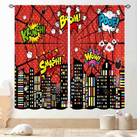 Superhero City Curtains for Boys Kids Teens, Red Spider Web Cityscape Buildings Cartoon Comic Blackout Window Curtains for Baby Room Bedroom Living Nursery 2 Panel Sets, 42"x45" Inch