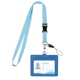 Vicloon Card Holder with Lanyard, 2-Sided PU Leather ID Badge Holder with ID Window and Card Slot Neck Lanyard Strap Office Lanyard Detachable Lanyard ID Badge Holder for Keys(Light Blue)