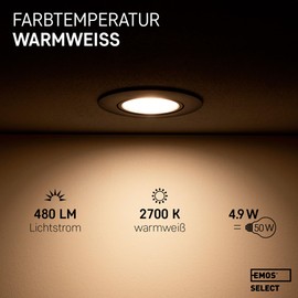 EMOS LED Recessed Spotlight, 230 V, Dimmable, 4.9 W / 480 lm, 50° Swivel, Warm White 2700 K, Set of 6 LED Spotlights, 230 V, Ultra Flat, Round, Ceiling Spotlights, Dimmable for Indoor Use, Black