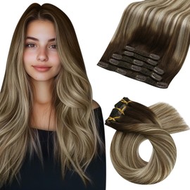 Moresoo Hair Extensions Clip in Human Hair Balayage Dark Brown to Medium Brown with Blonde Ombre Clip in Hair Extensions Human Hair Double Weft Clip on Extensions Human Hair 7pcs 120g 20Inch