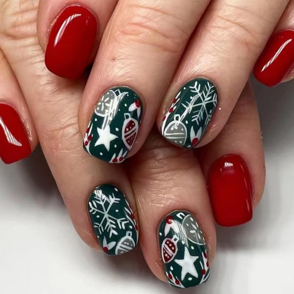 Christmas Press on Nails Short Square Fake Nails Red Green