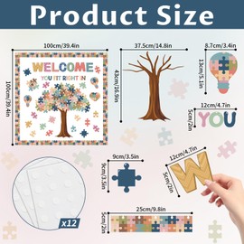 WELCOME YOU FIT RIGHT IN Classroom Tree Bulletin Board Set Puzzle Pieces Classroom Bulletin Board Inspirational Cutouts Tree Wall Decorations for Back to School Elementary Teacher Chalkboard Supplies