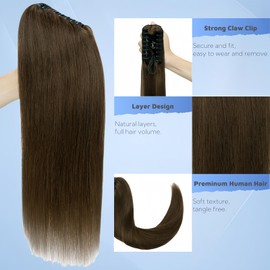 FUOTONBUTY Claw Clip Ponytail Extension 100% Real Remy Human Hairpiece Pony Tails Hair Extensions Long Straight Ponytail for Women (22 inch, Medium Brown)