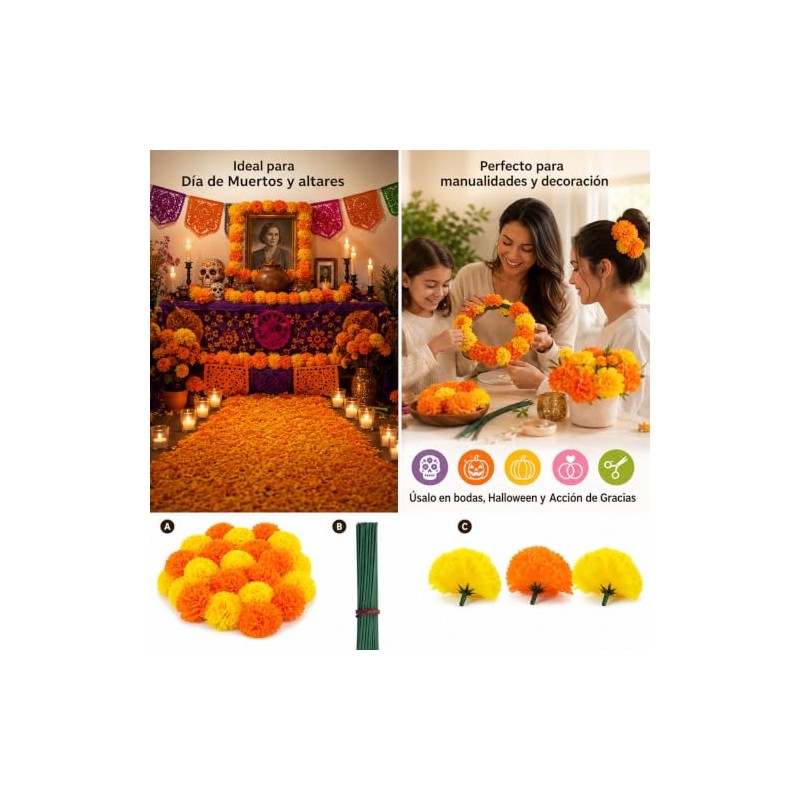 50 Cabezas de Caléndula Artificiales de Seda, Flores Decorativas para