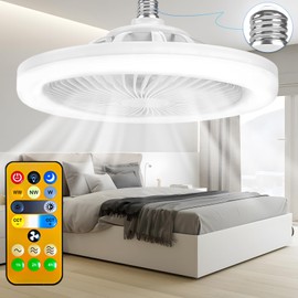LEOONER Socket Fan Light with Remote,10" Small Ceiling Fans with Lights, 2000 Lumens Dimmable Led Bulb, 3 Colors 3000K-6500K, Easy Install Screw in E26 Base for Bedroom Living Room Kitchen Garage
