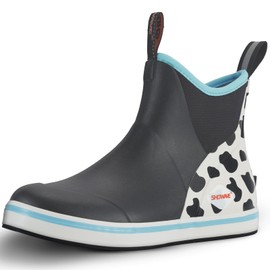 Showave Women's Deck Boots Waterproof Ankle Rain Footwear Non-Slip Rubber Boots for Boating Fishing Gardening Farming, Cow Print,Size 10