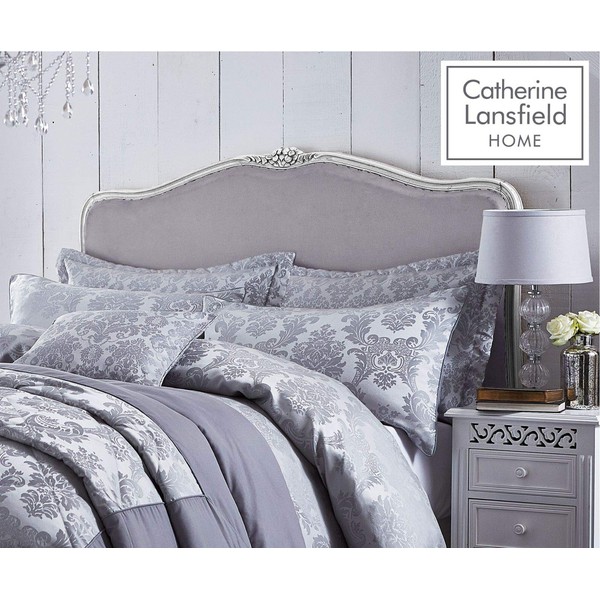 Catherine Lansfield Damask Jacquard Quilted Pillow sham Pillowcase Pair Silver Grey