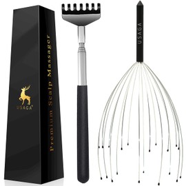 USAGA 20 Fingers Head Massager Scalp Massager Head Scratcher Extendable Back Scratcher, Stocking Stuffers Gift for Scalp Body Relaxing (Black)
