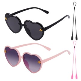 obmwang 2 PCS Kids Heart Shaped Sunglasses Cute Bee Glasses with Strap for Girls Boys Age 3-10 UV400 Protection Outdoor Beach