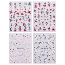 JMEOWIO 3D Embossed Flower Nail Art Stickers Decals Self-Adhesive 5D Spring Summer Flora Nail Supplies Nail Art Design Decoration Accessories 4 Sheets