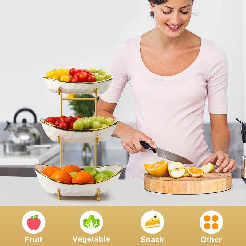 Fruit Bowl for Kitchen Counter - 3 Tier Ceramic Serving
