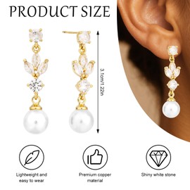 Cubic Zirconia Pearl Earrings, Gold Simple Pearl Drop Dangle Earrings Dainty Wedding CZ Dangle Dangling Cute Stud Earring for Brides Women Gifts
