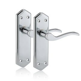 XFORT Chrome Elegance Range Polished Chrome London Suite Lever Latch Handles, Polished Chrome Long Backplate Door Handles, Contemporary Design for Internal Wooden Doors (1 Pair)