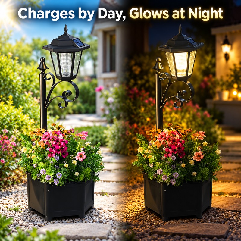 Solar Outdoor Lights with Flower Planter Box – Vintage LED