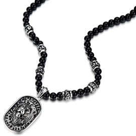 COOLSTEELANDBEYOND Gothic Style Mens Black Onyx Beads Necklace with Stainless Steel Lion Head Shield Pendant